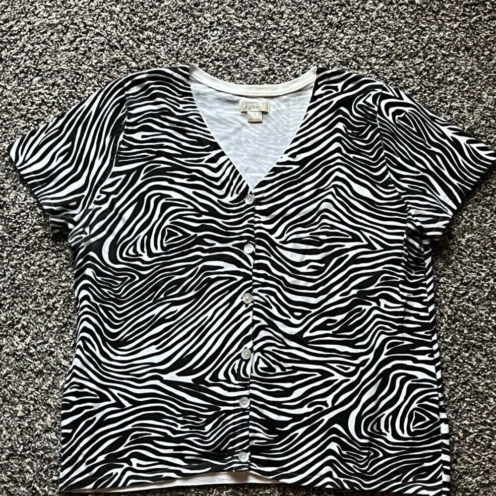 Y2K Christopher & Banks Blouse Womens Medium Zebra Print Button Up 100% Cotton